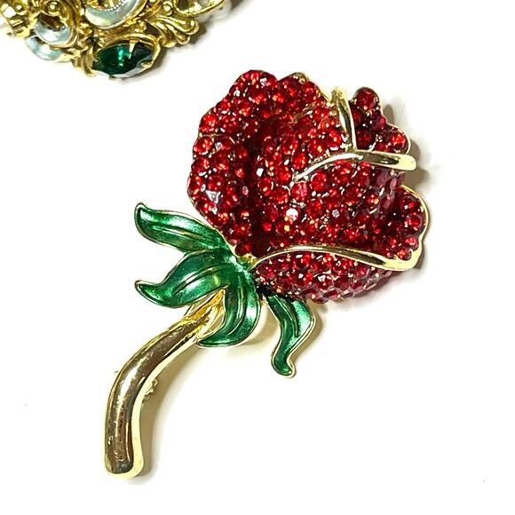 Monet Red Rose Brooch 2.5” Rhinestone Vtg Estate Costume Jewelry Pin JU28 - Picture 1 of 6